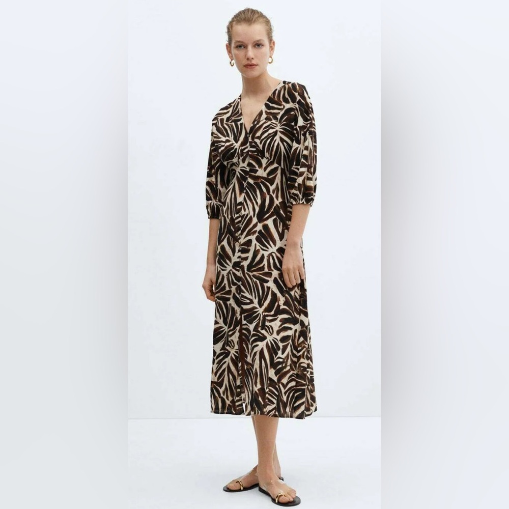 Mango Brown and Cream Leaf-Print Midi Dress